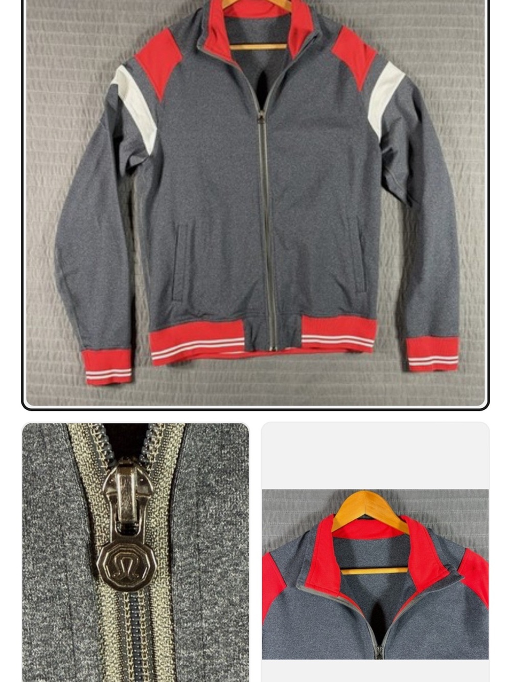 Size L Lululemon Men’s Full Zip Track Jacket Heathered Grey Red White Striped